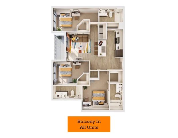 Inviting floor plan showcasing a modern 3-bedroom layout with a cozy living room and a sleek kitchen, featuring 2 well-appointed bathrooms and a private balcony. Only 1 spot left!