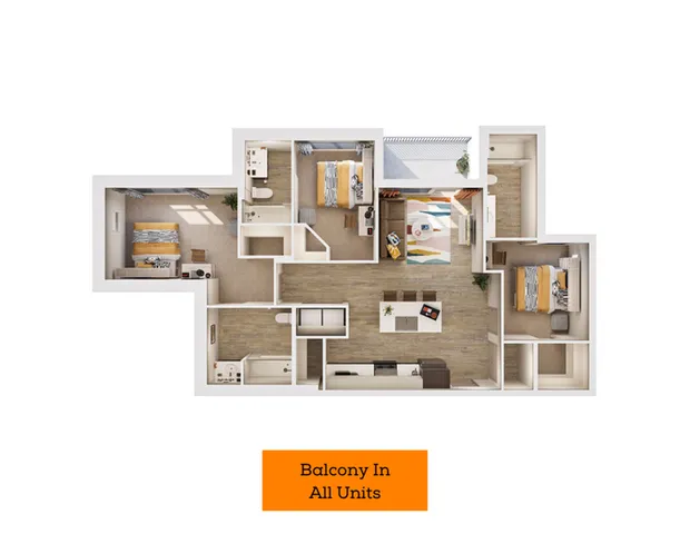 Modern and vibrant 3-bedroom apartment floor plan with open living space, stylish kitchen, and balcony access.