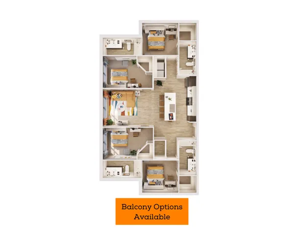 Modern 3D floor plan showcasing 5 bedrooms with private bathrooms, a spacious kitchen with island, and an inviting living area with limited availability.