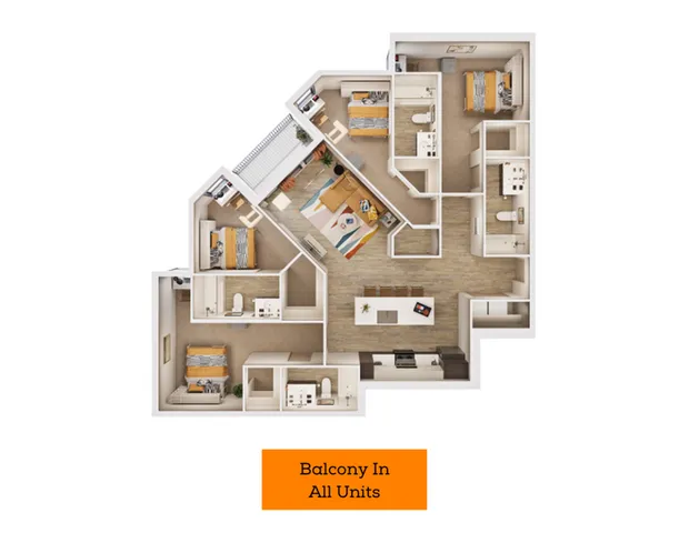 Contemporary 4-bedroom floor plan with open living area, modern kitchen, and private balcony; limited availability.