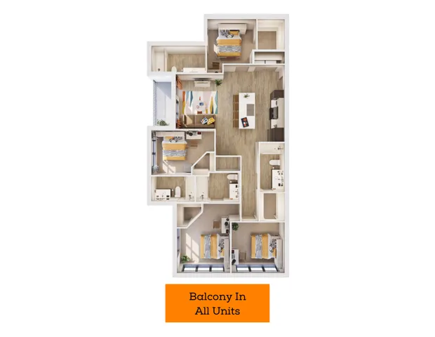 Modern 3D floor plan featuring 4 bedrooms, an inviting open kitchen and living area, and two stylish bathrooms. Limited availability.
