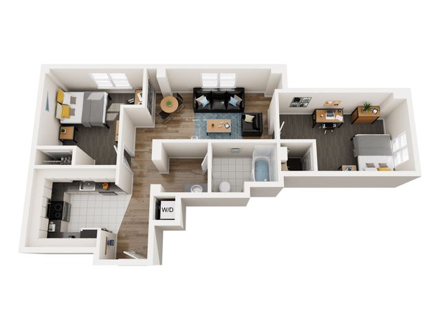 Modern 3D floor plan illustrating a two-bedroom apartment with an open living and dining area, contemporary kitchen, and a cozy office space.