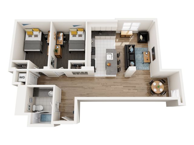 Modern 3D floor plan showcasing 2 cozy bedrooms, a sleek open-concept kitchen with island seating, and a stylish living area with ample natural light.