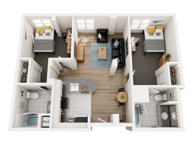 Chic 3D floor plan showcasing 2 bedrooms, modern kitchen, stylish living area, and two bathrooms with elegant fixtures.