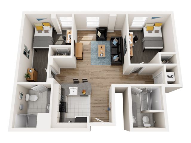 Modern 3D floor plan showcasing a spacious 2-bedroom apartment with a stylish open kitchen, cozy living area, and two bathrooms. Features wood flooring and convenient in-unit washer and dryer.