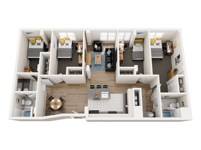 Modern 3D floor plan showcasing 3 bedrooms, a welcoming open-concept living area, and a stylish kitchen with a breakfast bar.