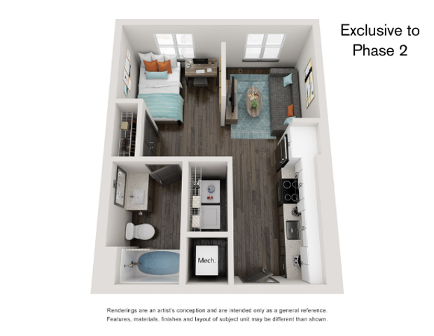 3D floor plan of a cozy apartment with one bedroom, open living area, modern kitchen, and stylish bathroom.