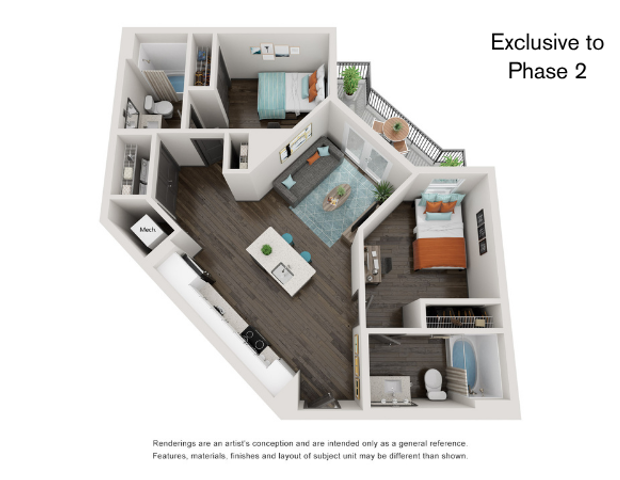 Modern 3D floor plan with 2 bedrooms, stylish living area, open kitchen, and private balcony.