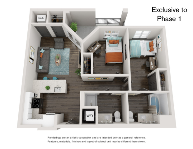 Charming 3D floor plan showcasing 2 cozy bedrooms, modern kitchen, inviting living area, and sleek bathrooms with wood flooring.