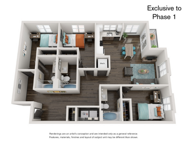 3D apartment floor plan with three bedrooms, modern kitchen, and open living area.