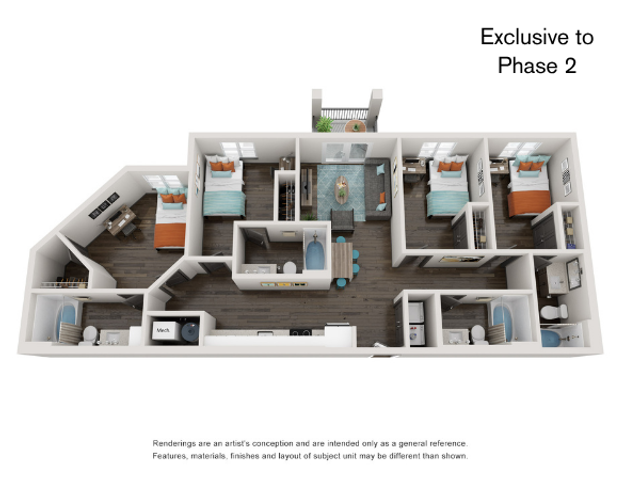 Sophisticated 3D floor plan showcasing three bedrooms, open-concept kitchen and living space, and modern bathrooms.