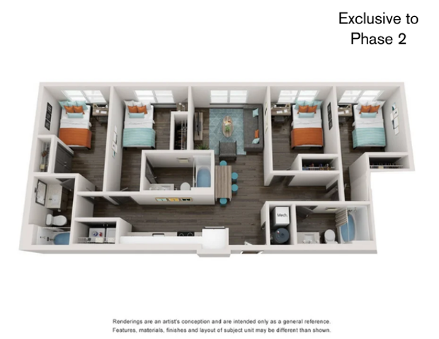 3D floor plan showcasing three bedrooms, a stylish living room, and modern bathrooms.
