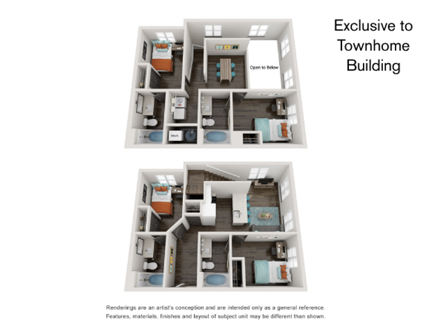3D floor plan of an elegant duplex featuring multiple bedrooms, bathrooms, and open living areas.