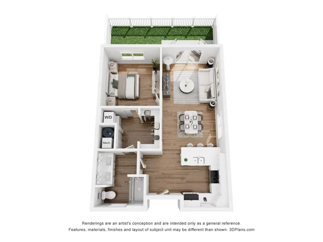 Modern 3D floor plan highlighting 1 bedroom, a sleek open-concept living and dining area, a contemporary kitchen, and a cozy outdoor patio. Stylish design with dedicated laundry space.