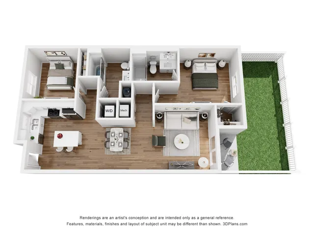 Modern 3D floor plan showcasing two spacious bedrooms, an open-concept kitchen, cozy living area, and private garden space.