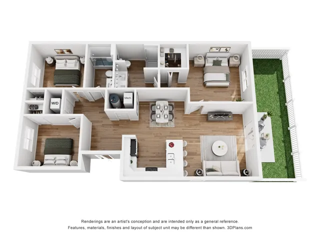 Modern 3D floor plan showcasing a spacious 3-bedroom apartment with open-concept living area, stylish kitchen, and private outdoor space.