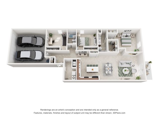 Modern 3D floor plan showcasing an elegant three-bedroom layout, spacious living area, contemporary kitchen, and dual car garage.
