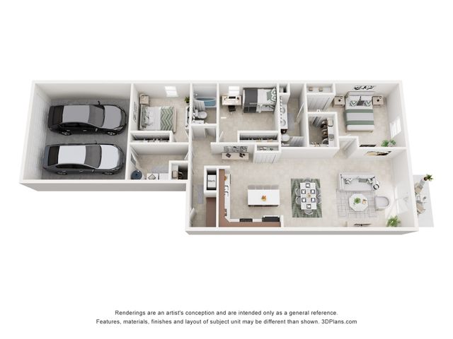 Modern 3D floor plan featuring 3 spacious bedrooms, open-concept living and dining area, sleek kitchen, and attached 2-car garage.