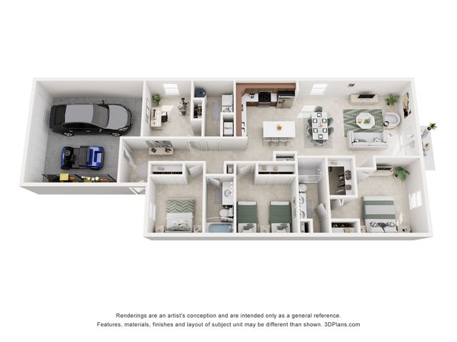 Modern 3D floor plan showcasing 4 bedrooms, 2 bathrooms, a spacious open-plan kitchen and living area, and a convenient 2-car garage.