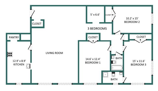 Inviting floor plan showcasing 3 spacious bedrooms, a generous living room, and a well-equipped kitchen with pantry.