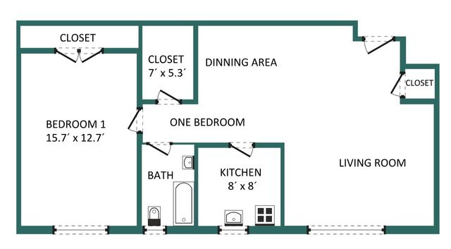 Charming floor plan featuring one spacious bedroom with dual closets, a cozy dining area, modern kitchen, and inviting living room.