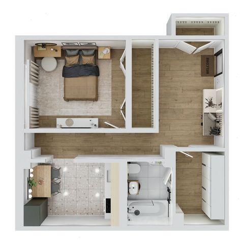 Bright and modern apartment floor plan featuring one cozy bedroom, a chic kitchen with dining area, a stylish bathroom, and ample storage space.