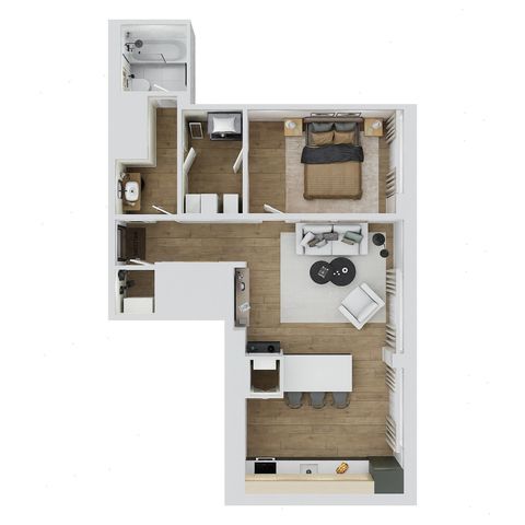 Modern 2D floor plan showcasing a cozy one-bedroom apartment with a spacious living area, stylish bathroom, and sleek kitchen design.