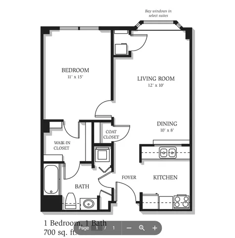 Chic 1-bedroom floor plan with spacious living room, dining area, and efficient kitchen layout; includes a walk-in closet and a cozy bay window option in select suites, totaling 700 sq. ft.