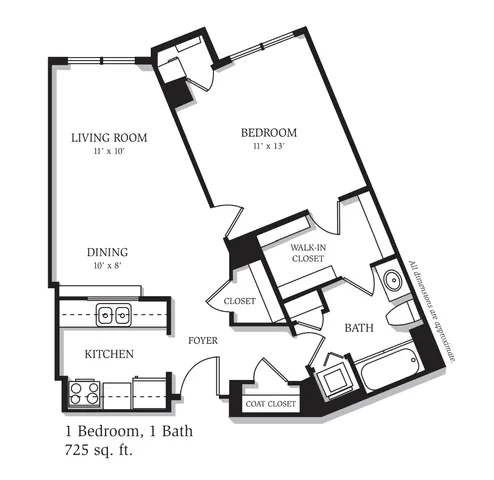 Contemporary 1-bedroom floor plan with a spacious living room, dining area, and walk-in closet, 725 sq. ft.