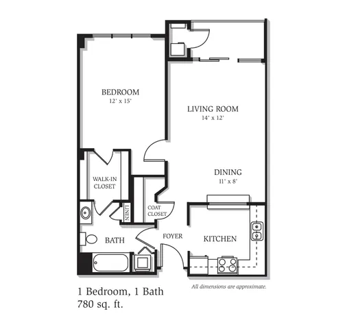 Modern floor plan showcasing 1 bedroom, 1 bath with a spacious walk-in closet, open living room, dining area, and efficient kitchen layout in 780 sq. ft.