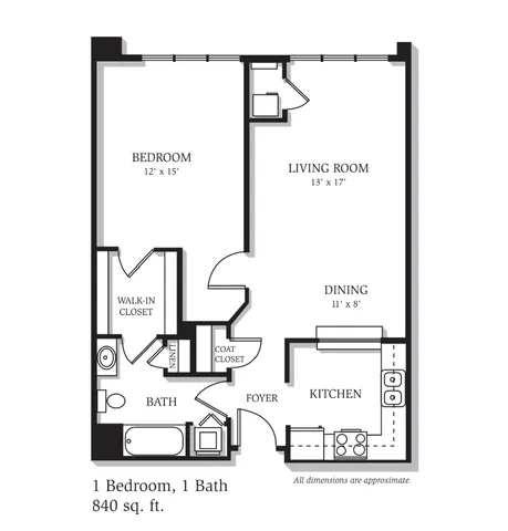 Modern and spacious 1 bedroom, 1 bath floor plan featuring 840 sq. ft, with a large living room, cozy dining area, and a well-equipped kitchen.