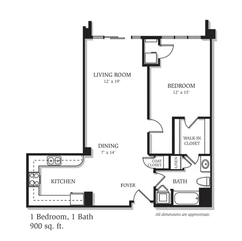 Modern 2D floor plan with 1 bedroom, 1 bathroom, a spacious living room, and a cozy kitchen, totaling 900 sq ft.