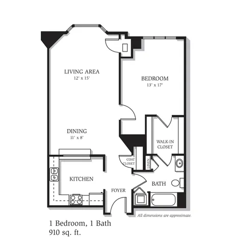 Efficient 1-bedroom floor plan with a spacious living area, modern kitchen, and walk-in closet, covering 910 sq. ft.