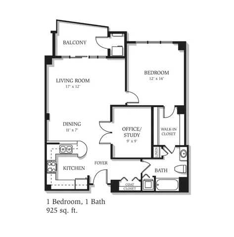 Chic floor plan of a 1-bedroom, 1-bath apartment with 925 sq. ft., featuring a spacious living room, private balcony, and versatile office/study area.