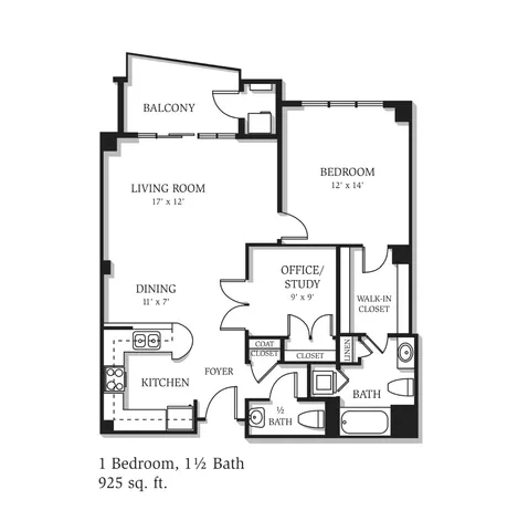 Elegant floor plan highlighting 1 bedroom, 1.5 bath apartment with balcony, spacious living room, and cozy office/study area, totaling 925 sq. ft.