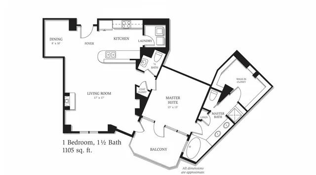 Modern 2D floor plan showcasing a luxurious 1 bedroom, 1.5 bath unit with a spacious living room, elegant master suite, and private balcony, spanning 1105 sq. ft.
