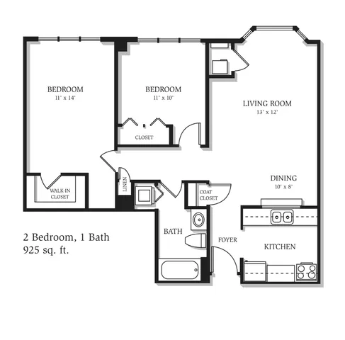 Charming 2-bedroom, 1-bath floor plan featuring a spacious living room, dining area, and inviting kitchen with cozy closets, totaling 925 sq. ft.