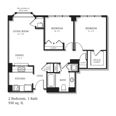 Charming 930 sq. ft. floor plan showcasing 2 bedrooms with ample closet space, a cozy living room, well-equipped kitchen, and elegant dining area.
