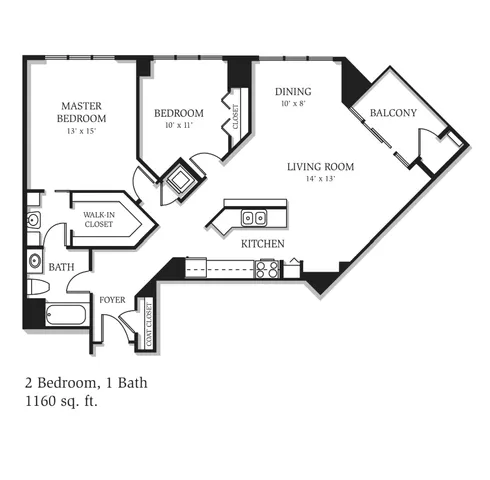 Elegant 2-bedroom, 1-bath floor plan featuring a spacious living room, dining area, and private balcony, totaling 1160 sq. ft.