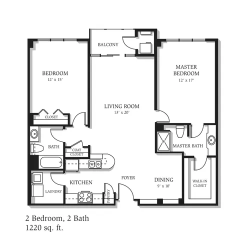 Modern floor plan featuring 2 bedrooms, 2 bathrooms, spacious living room, and a balcony. Includes a kitchen, dining area, and master suite in a 1220 sq ft layout.
