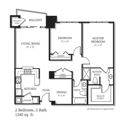 Modern floor plan showcasing 2 bedrooms, 2 bathrooms, spacious living room, and cozy kitchen with a balcony, 1240 sq ft.