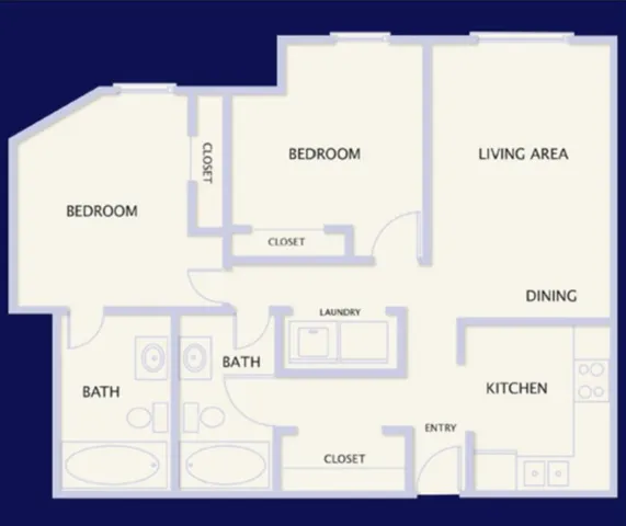 Modern apartment floor plan with two spacious bedrooms, two bathrooms, a cozy living area, and a separate dining and kitchen space. Includes laundry facilities and ample closet storage.