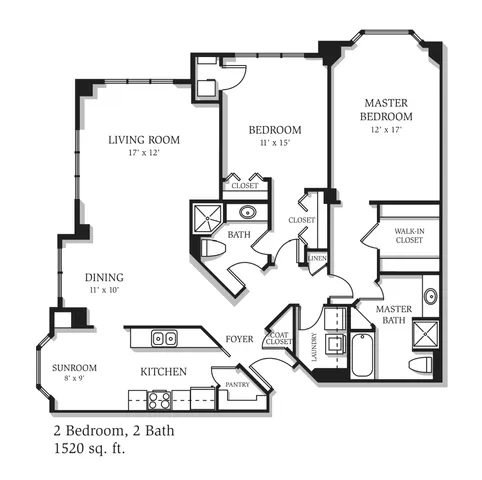 Spacious 2-bedroom, 2-bathroom floor plan featuring a master suite with walk-in closet, expansive living room, and cozy sunroom, totaling 1520 sq. ft.