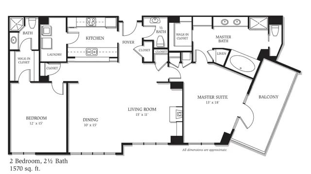 Luxurious floor plan featuring 2 bedrooms, 2.5 baths, a spacious master suite with balcony, and a modern kitchen, all within 1570 sq ft.