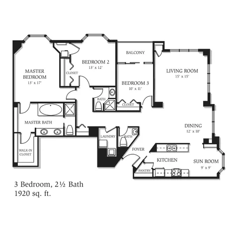 Luxurious 3-bedroom, 2.5-bath floor plan boasting a spacious living room, elegant dining area, and a cozy sunroom, covering 1920 sq ft.