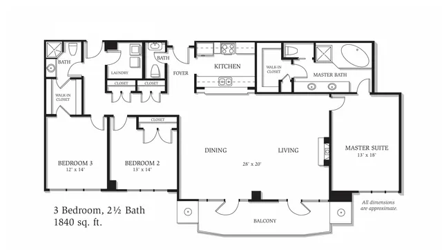 Elegant floor plan with 3 bedrooms, 2.5 baths, spacious living area, and open kitchen, totaling 1840 sq ft with balcony.