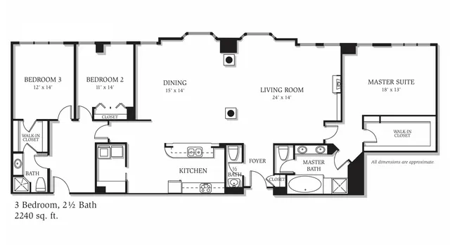 Elegant floor plan showcasing spacious 3 bedrooms with walk-in closets, 2.5 baths, a luxurious master suite, expansive living and dining areas, and a modern kitchen in a 2240 sq. ft. layout.