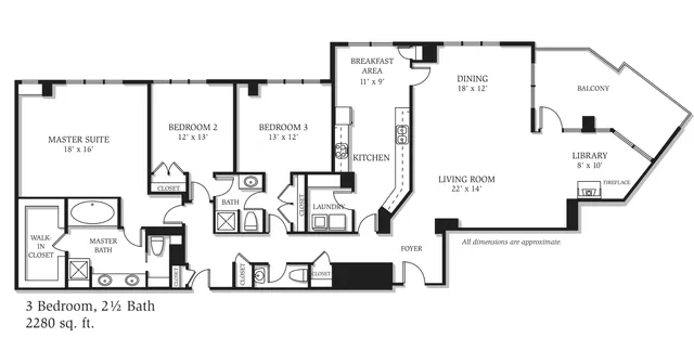 Elegant floor plan detailing a 3-bedroom, 2.5-bath apartment with spacious living room, dining area, library, kitchen with breakfast nook, and balcony, totaling 2280 sq. ft.