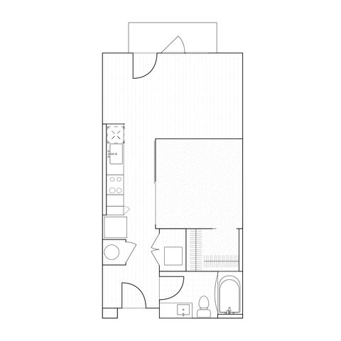 The Oslo Apartment in Overland Park KS 2D drawing of a 604 sq ft studio floor plan featuring a modern kitchenette and full bath, designed for efficient living.