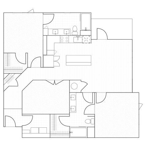 2D drawing of a 1322 sq ft spacious two-bedroom unit with a den, designed for upscale living with large living areas and modern amenities.